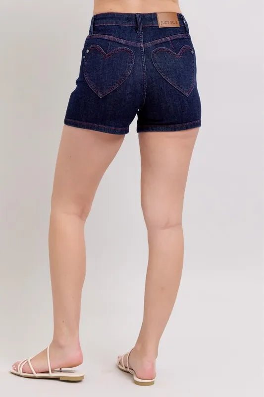 Judy Blue High Waist Heart Shaped Pkts & Red Contrast Thread Denim Shorts - Love Salve 