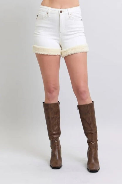 Judy Blue High Waist Shearling Cuff Denim Shorts For Summer - Love Salve 