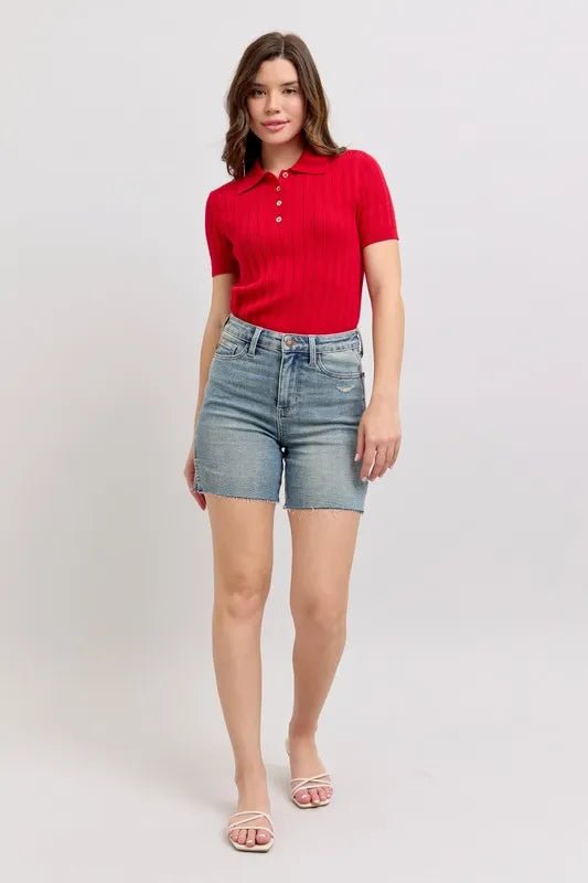 Judy Blue High Waist Vintage Wash Side Slit Denim Shorts - Love Salve 