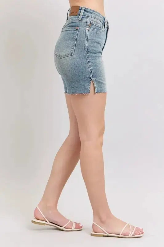 Judy Blue High Waist Vintage Wash Side Slit Denim Shorts - Love Salve 