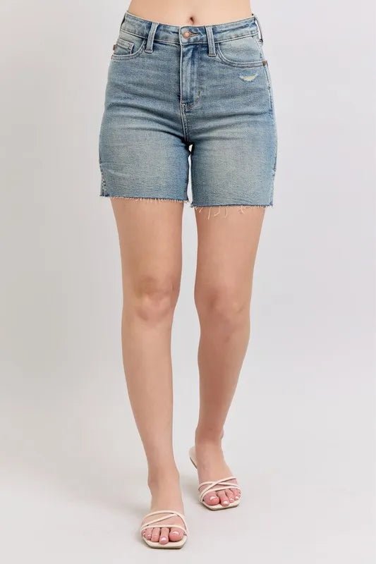 Judy Blue High Waist Vintage Wash Side Slit Denim Shorts - Love Salve 