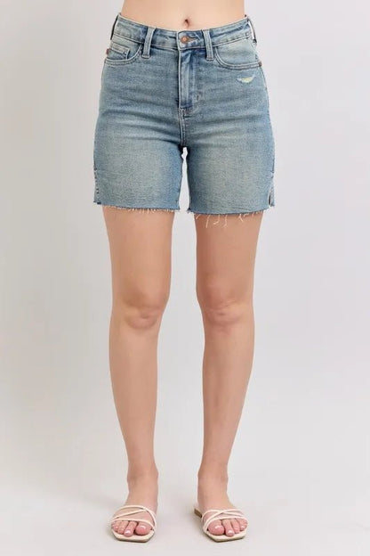 Judy Blue High Waist Vintage Wash Side Slit Denim Shorts - Love Salve 