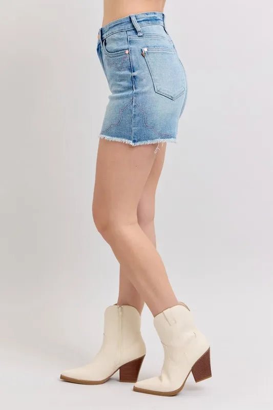 Judy Blue High Waist Western Embroidery Cut Off Denim Shorts - Love Salve 