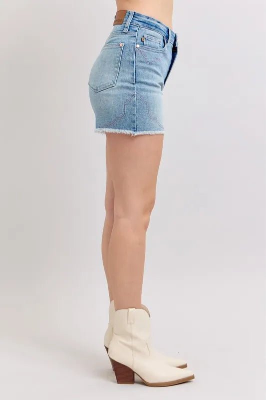 Judy Blue High Waist Western Embroidery Cut Off Denim Shorts - Love Salve 