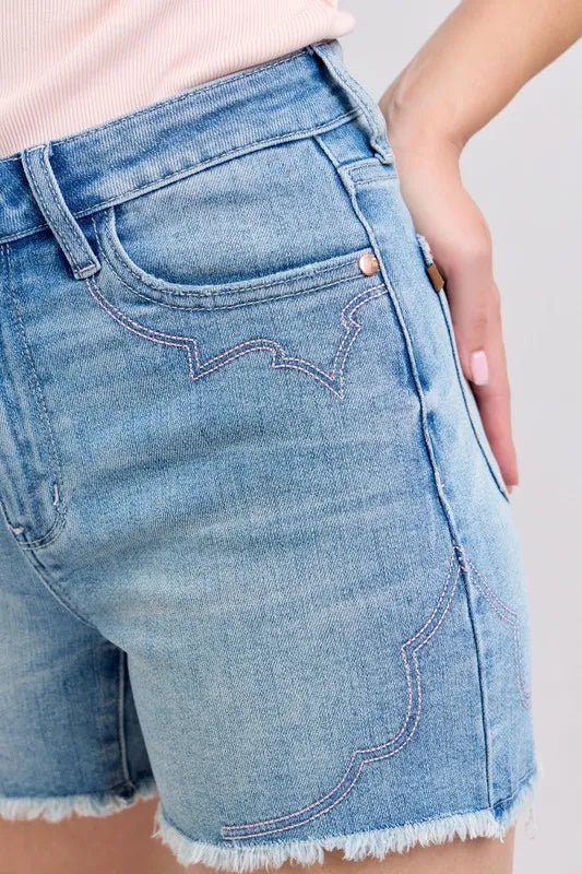 Judy Blue High Waist Western Embroidery Cut Off Denim Shorts - Love Salve 