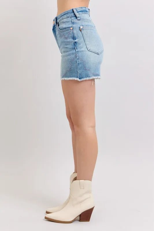 Judy Blue High Waist Western Embroidery Cut Off Denim Shorts - Love Salve 