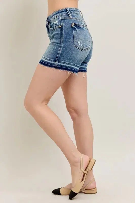 Judy Blue Mr Tummy Control Vintage Wash Release Hem Shorts - Love Salve 