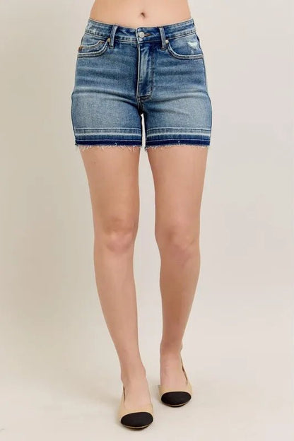 Judy Blue Mr Tummy Control Vintage Wash Release Hem Shorts - Love Salve 