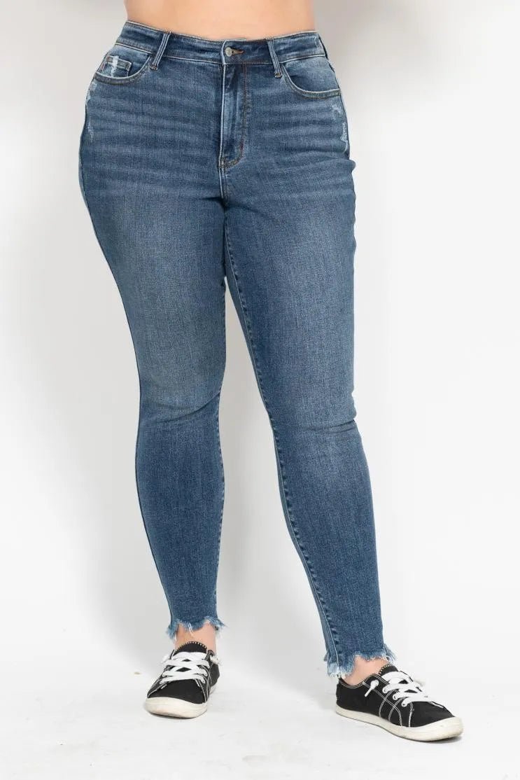 Judy Blue Plus Size High Waist Skinny with Destroy & Shark Bit Hem - Love Salve 