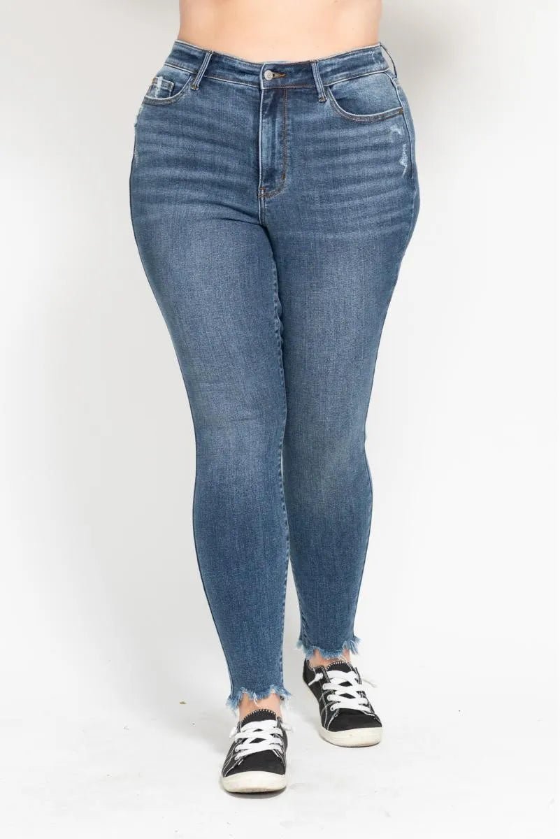 Judy Blue Plus Size High Waist Skinny with Destroy & Shark Bit Hem - Love Salve 
