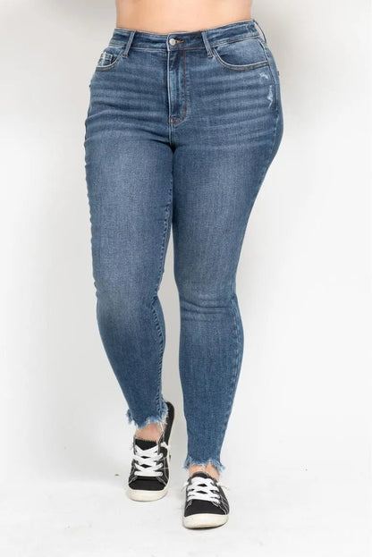 Judy Blue Plus Size High Waist Skinny with Destroy & Shark Bit Hem - Love Salve 