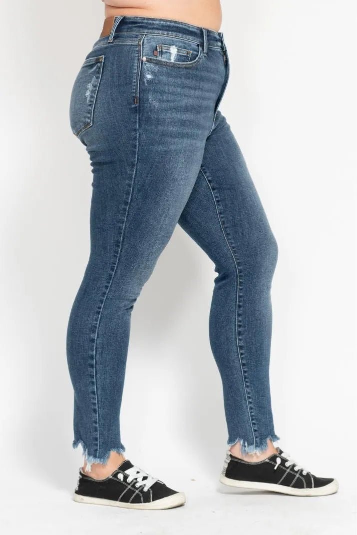 Judy Blue Plus Size High Waist Skinny with Destroy & Shark Bit Hem - Love Salve 