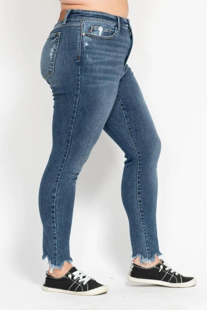 Judy Blue Plus Size High Waist Skinny with Destroy & Shark Bit Hem - Love Salve 