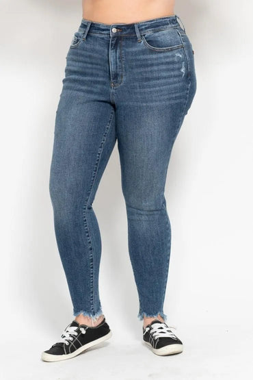 Judy Blue Plus Size High Waist Skinny with Destroy & Shark Bit Hem - Love Salve 