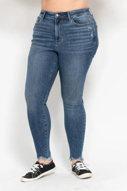 Judy Blue Plus Size High Waist Skinny with Destroy & Shark Bit Hem - Love Salve 