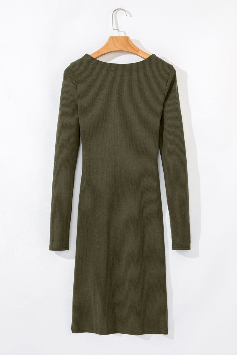 Jungle Green Ribbed Side Slit Ruched Slim Fit Long Sleeve Mini Dress - Love Salve 
