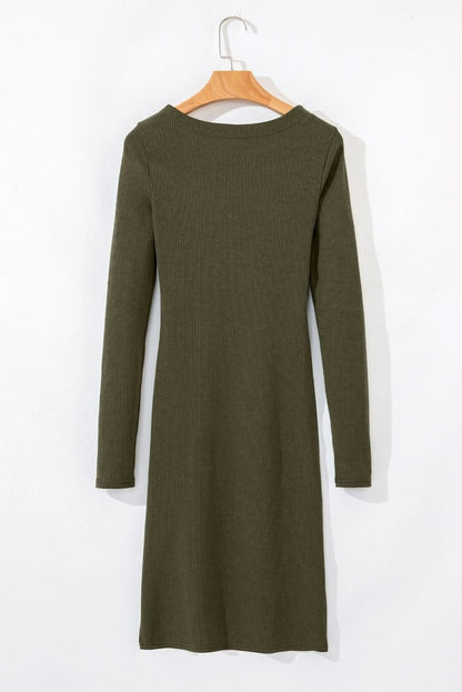 Jungle Green Ribbed Side Slit Ruched Slim Fit Long Sleeve Mini Dress - Love Salve 