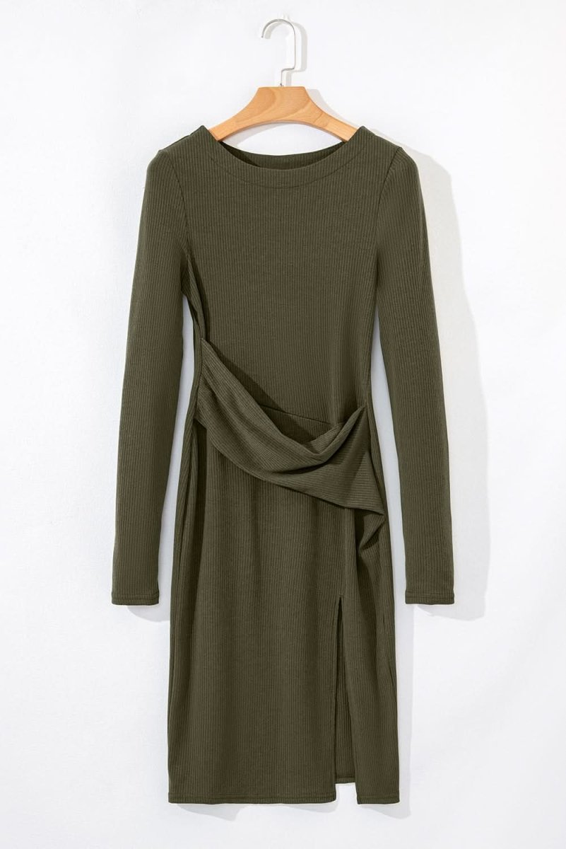Jungle Green Ribbed Side Slit Ruched Slim Fit Long Sleeve Mini Dress - Love Salve 