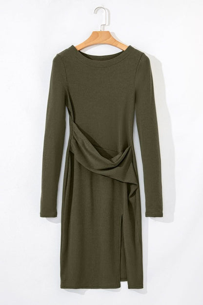 Jungle Green Ribbed Side Slit Ruched Slim Fit Long Sleeve Mini Dress - Love Salve 