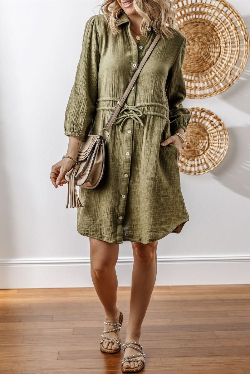 Jungle Green Textured Bracelet Sleeve Collared Button Up Dual Tied Mini Dress - Love Salve 