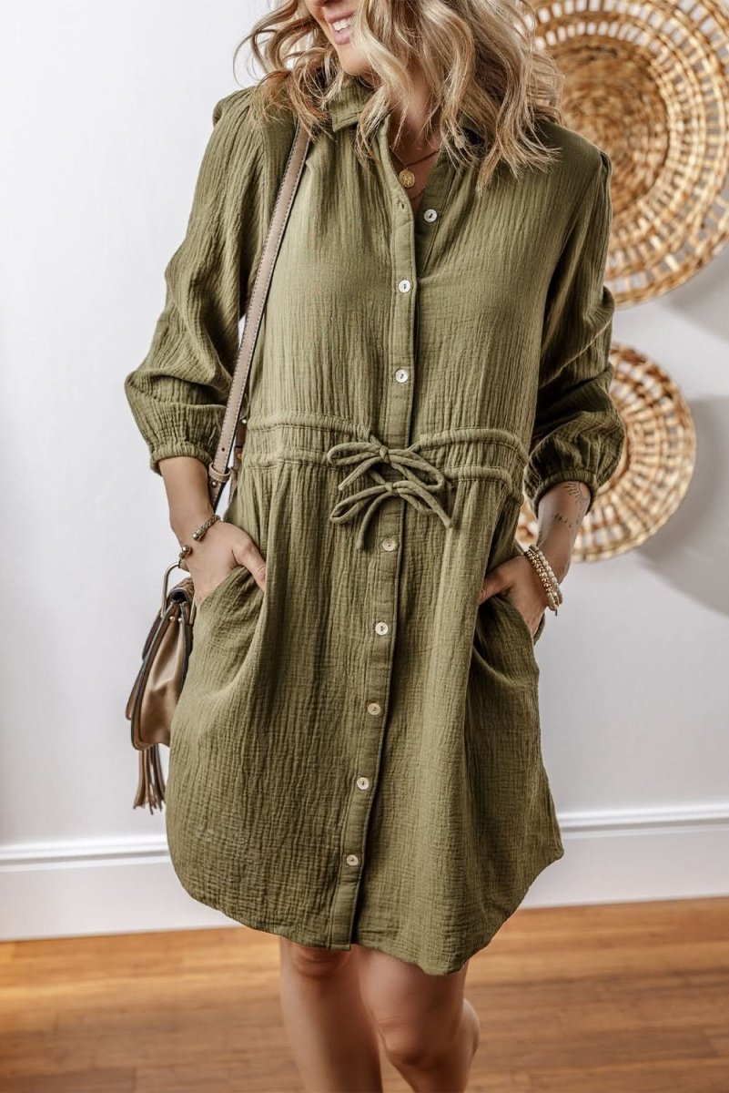 Jungle Green Textured Bracelet Sleeve Collared Button Up Dual Tied Mini Dress - Love Salve 
