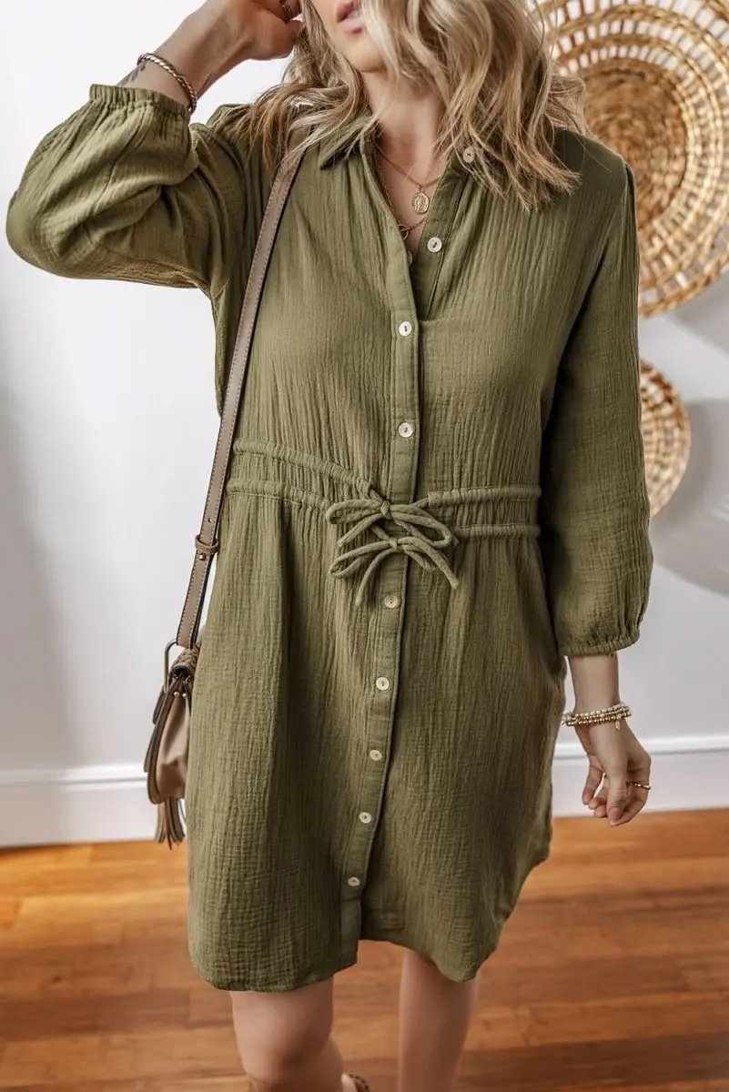 Jungle Green Textured Bracelet Sleeve Collared Button Up Dual Tied Mini Dress - Love Salve 