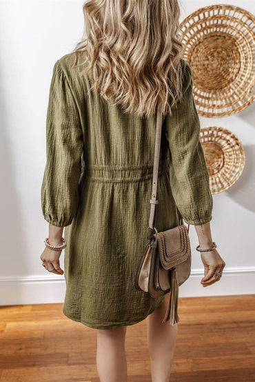 Jungle Green Textured Bracelet Sleeve Collared Button Up Dual Tied Mini Dress - Love Salve 