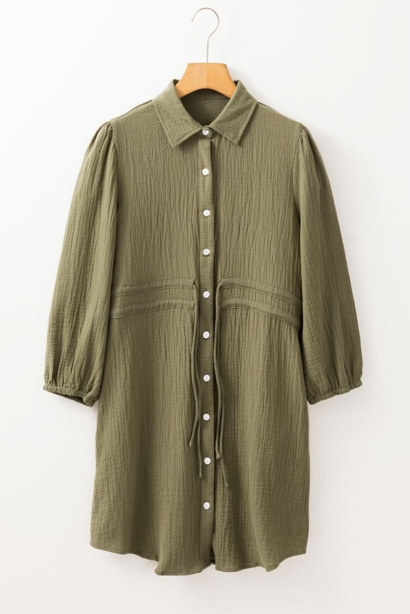 Jungle Green Textured Bracelet Sleeve Collared Button Up Dual Tied Mini Dress - Love Salve 