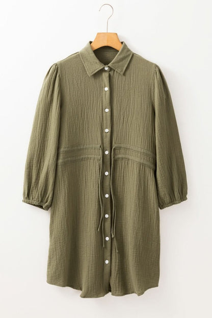 Jungle Green Textured Bracelet Sleeve Collared Button Up Dual Tied Mini Dress - Love Salve 