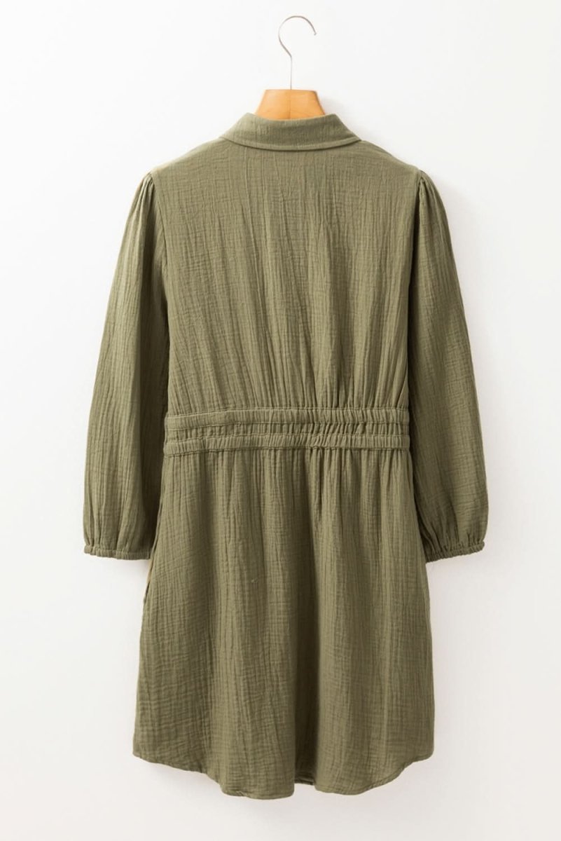 Jungle Green Textured Bracelet Sleeve Collared Button Up Dual Tied Mini Dress - Love Salve 