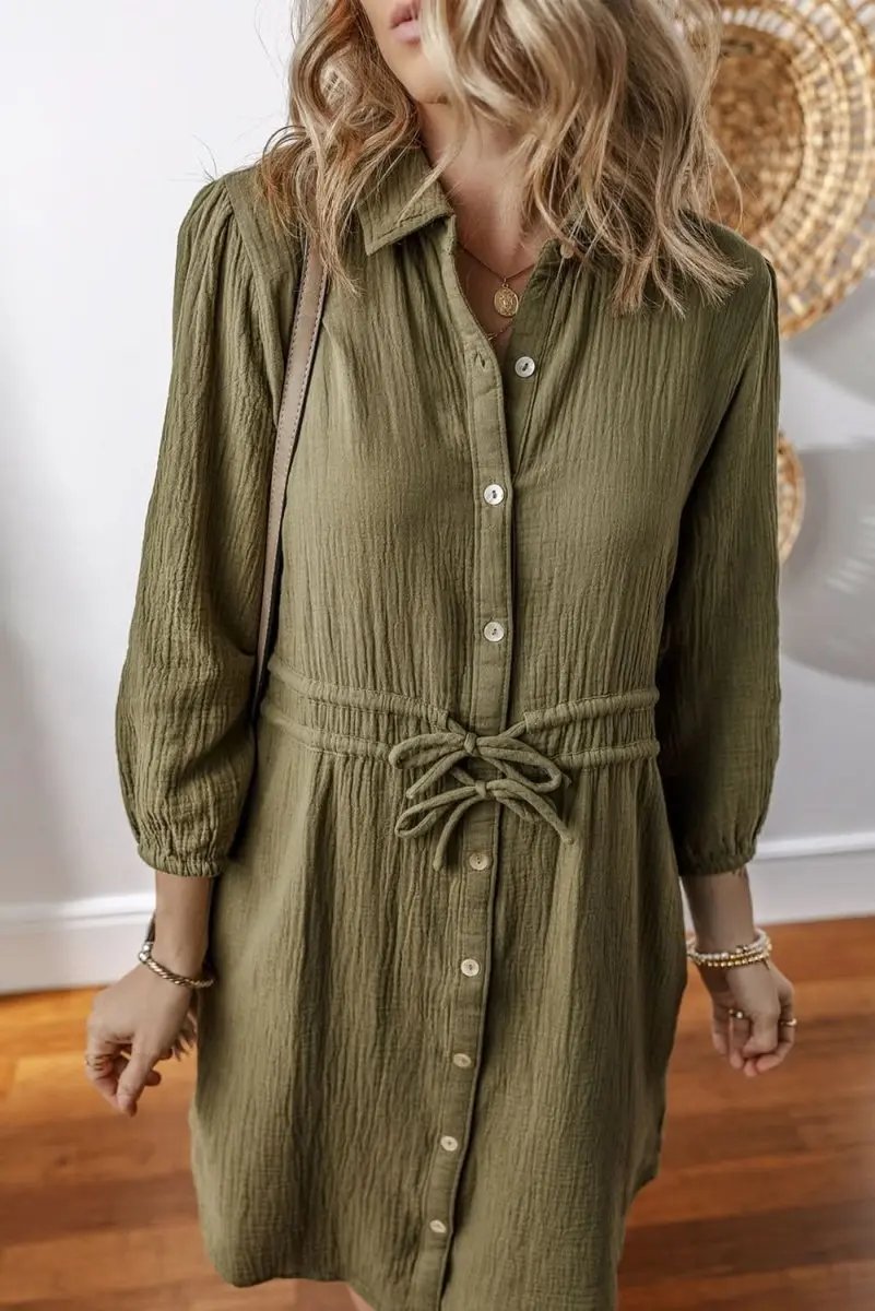 Jungle Green Textured Bracelet Sleeve Collared Button Up Dual Tied Mini Dress - Love Salve 