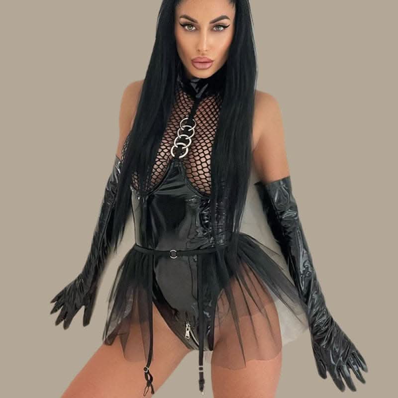 Daring grid splicing leather bodysuit - Love Salve 