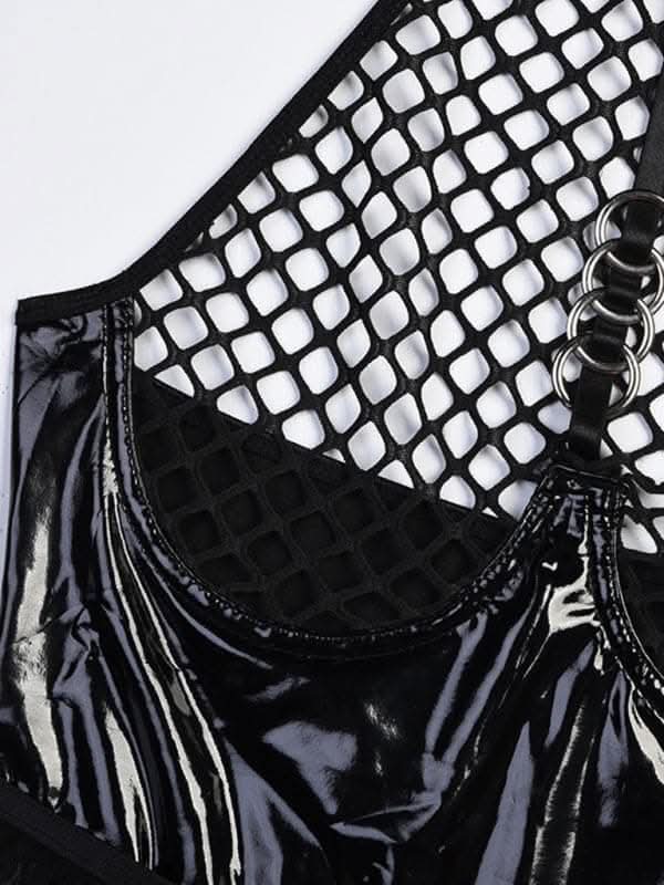 Daring grid splicing leather bodysuit - Love Salve 