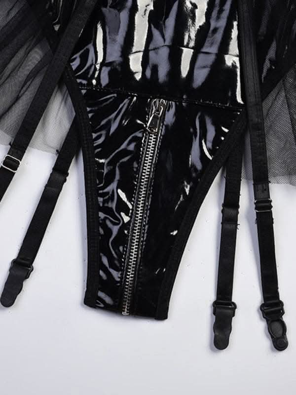Daring grid splicing leather bodysuit - Love Salve 