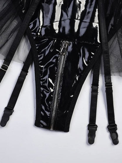 Daring grid splicing leather bodysuit - Love Salve 
