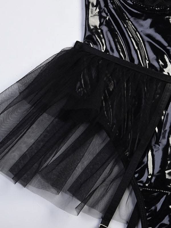 Daring grid splicing leather bodysuit - Love Salve 