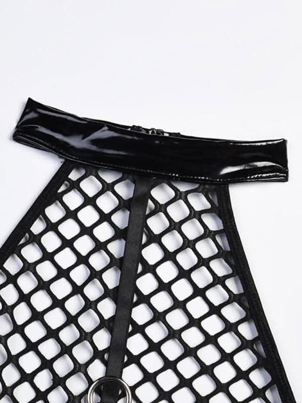 Daring grid splicing leather bodysuit - Love Salve 