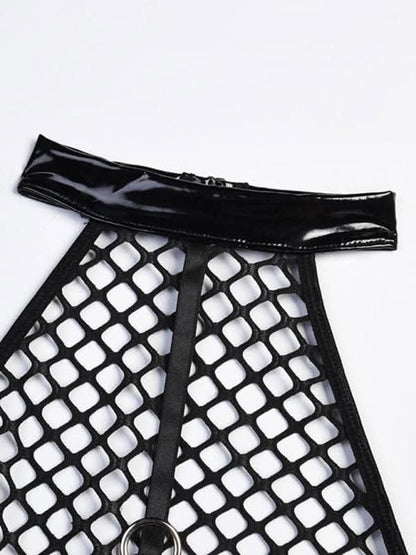Daring grid splicing leather bodysuit - Love Salve 