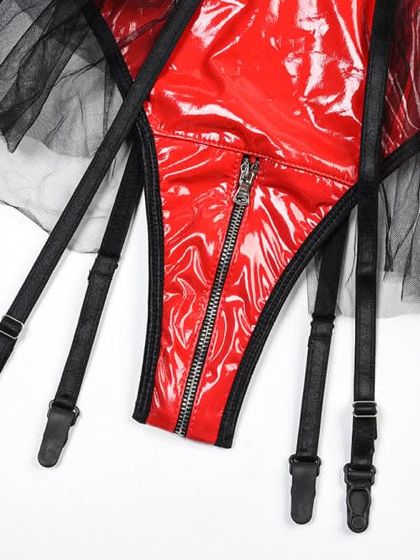 Daring grid splicing leather bodysuit - Love Salve 