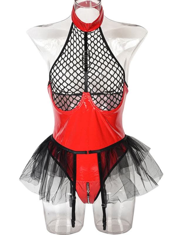 Daring grid splicing leather bodysuit - Love Salve 