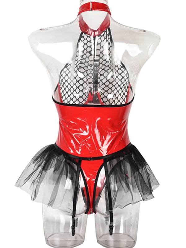 Daring grid splicing leather bodysuit - Love Salve 