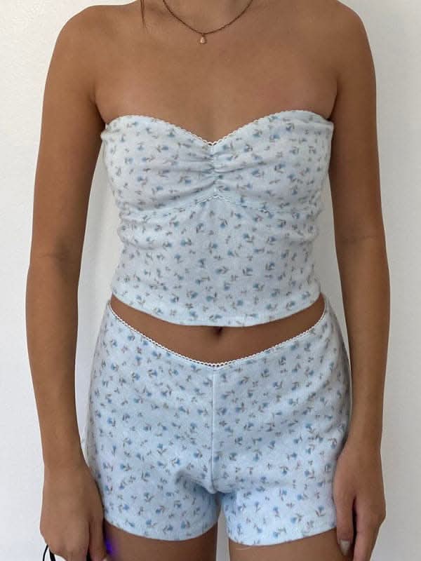 Floral stretch tube top & lace shorts set - Love Salve 