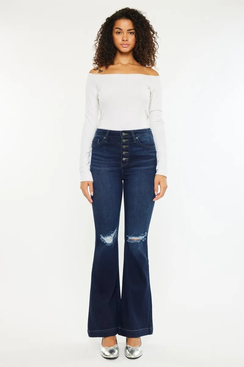 Kancan Button Fly High Rise Distressed Flare Jeans Women - Love Salve 