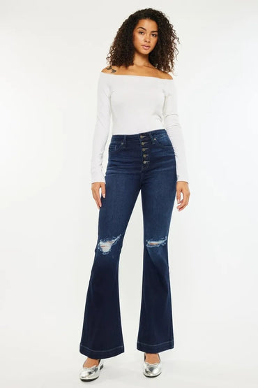 Kancan Button Fly High Rise Distressed Flare Jeans Women - Love Salve 