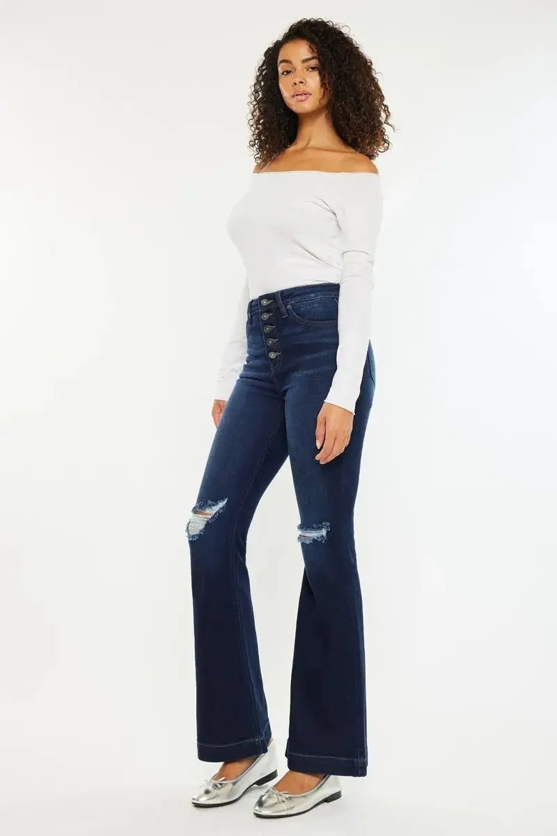 Kancan Button Fly High Rise Distressed Flare Jeans Women - Love Salve 