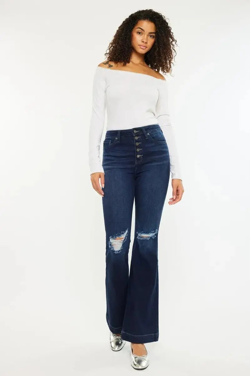 Kancan Button Fly High Rise Distressed Flare Jeans Women - Love Salve 
