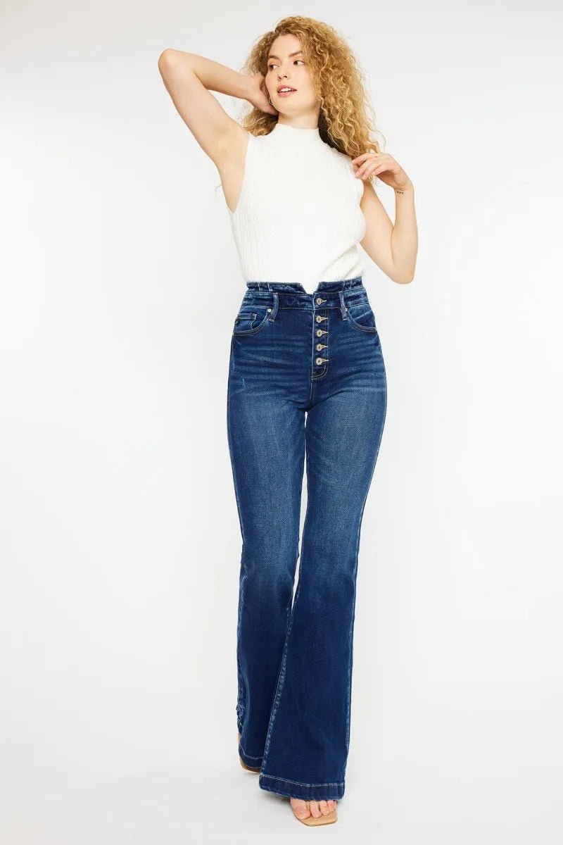 Kancan Button Fly High Rise Flare Jeans for Chic Style - Love Salve 
