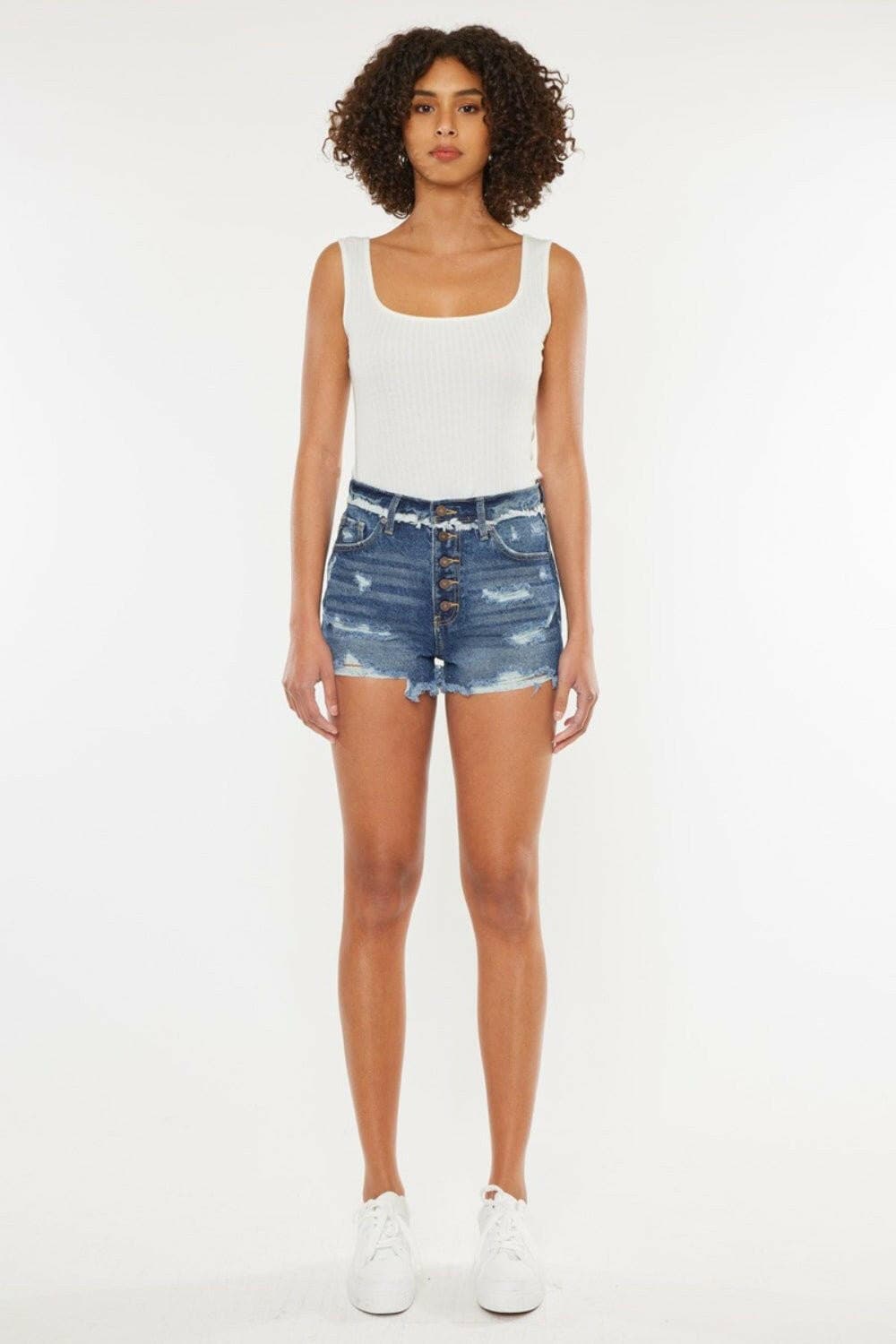 Distressed Denim Shorts with Unique Button Fly ClosureElevate Your Summer Wardrobe with Distressed Denim Shorts
 Step into style this season with our Distressed Denim Shorts, designed to make a statement. Featuring a blLove Salve Unique Button Fly Closurejust arrived