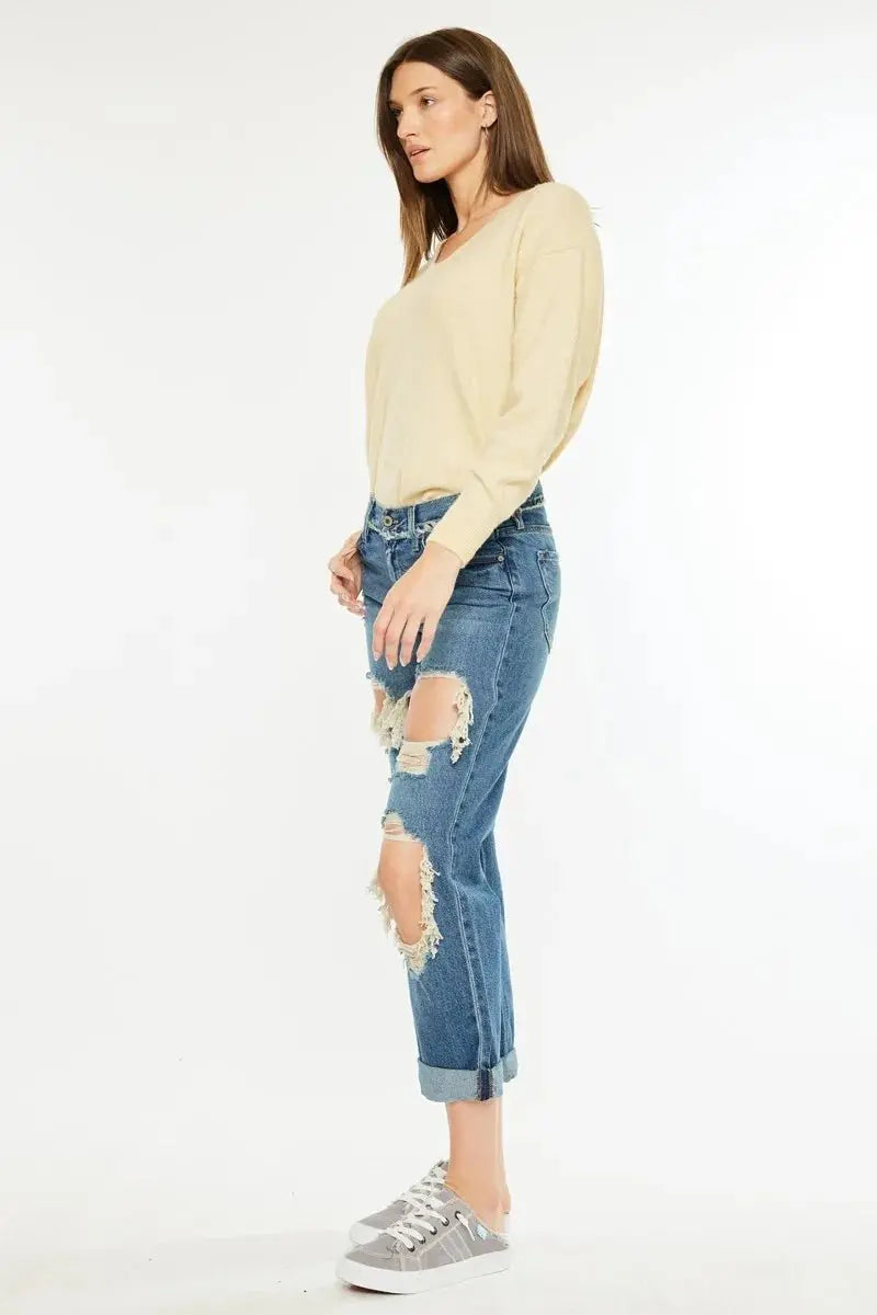 Kancan Distressed Mid Rise True Boyfriend Jeans for Women - Love Salve 