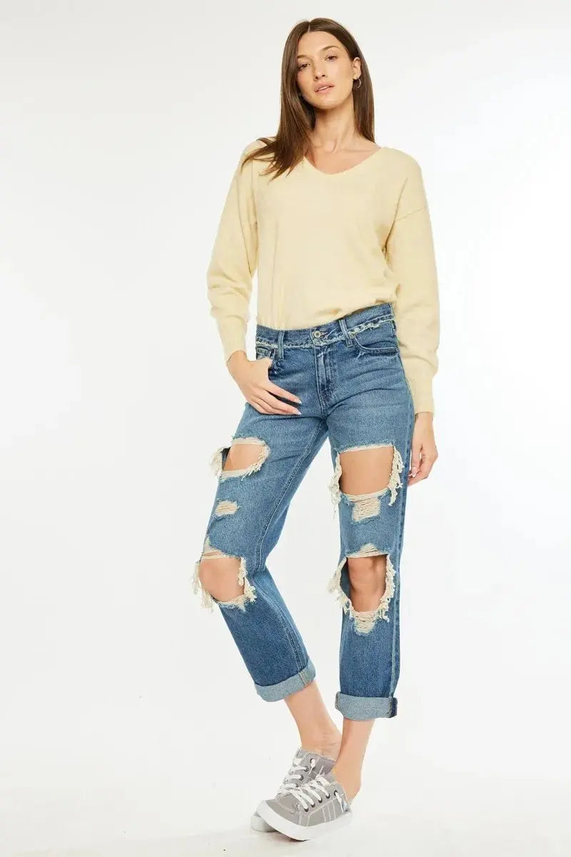Kancan Distressed Mid Rise True Boyfriend Jeans for Women - Love Salve 